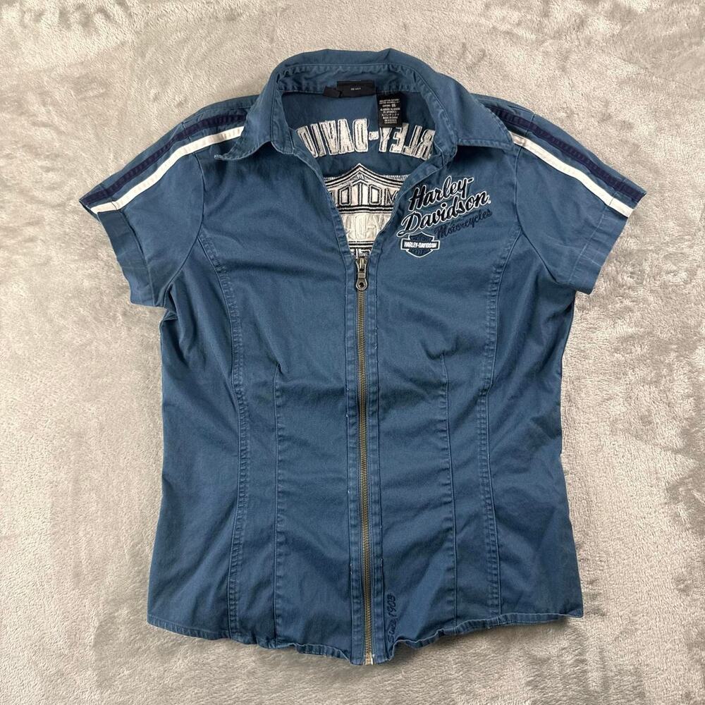 Harley Davidson Mechanic Shirt Women’s Small Blue Zip Up Embroidered Moto